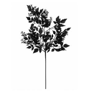 May include: A single artificial botanical stem featuring numerous serrated black leaves and small clusters of round berries. The entire structure is coated in a fine, shimmering black glitter, creating a uniform dark appearance on a thin stem.