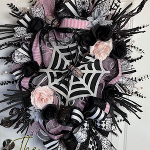 Spider Glam Halloween Wreath Door Decoration 43&quot; x 24&quot;Inches – One-of-a-Kind Halloween Décor, Chic Pink and Black Halloween Decor
