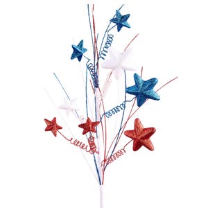 May include: A decorative floral spray featuring red, white, and blue glittery stars. The stars are attached to thin, flexible stems with red, white, and blue accents. The arrangement is ideal for patriotic or holiday decorations.