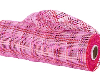 Vertical Foil Plaid Hot Pink, Pink, Red Deco Mesh -10 inches x 10yards, Poly Deco Mesh, Craft Supplies, DIY Crafts, Wreath Making