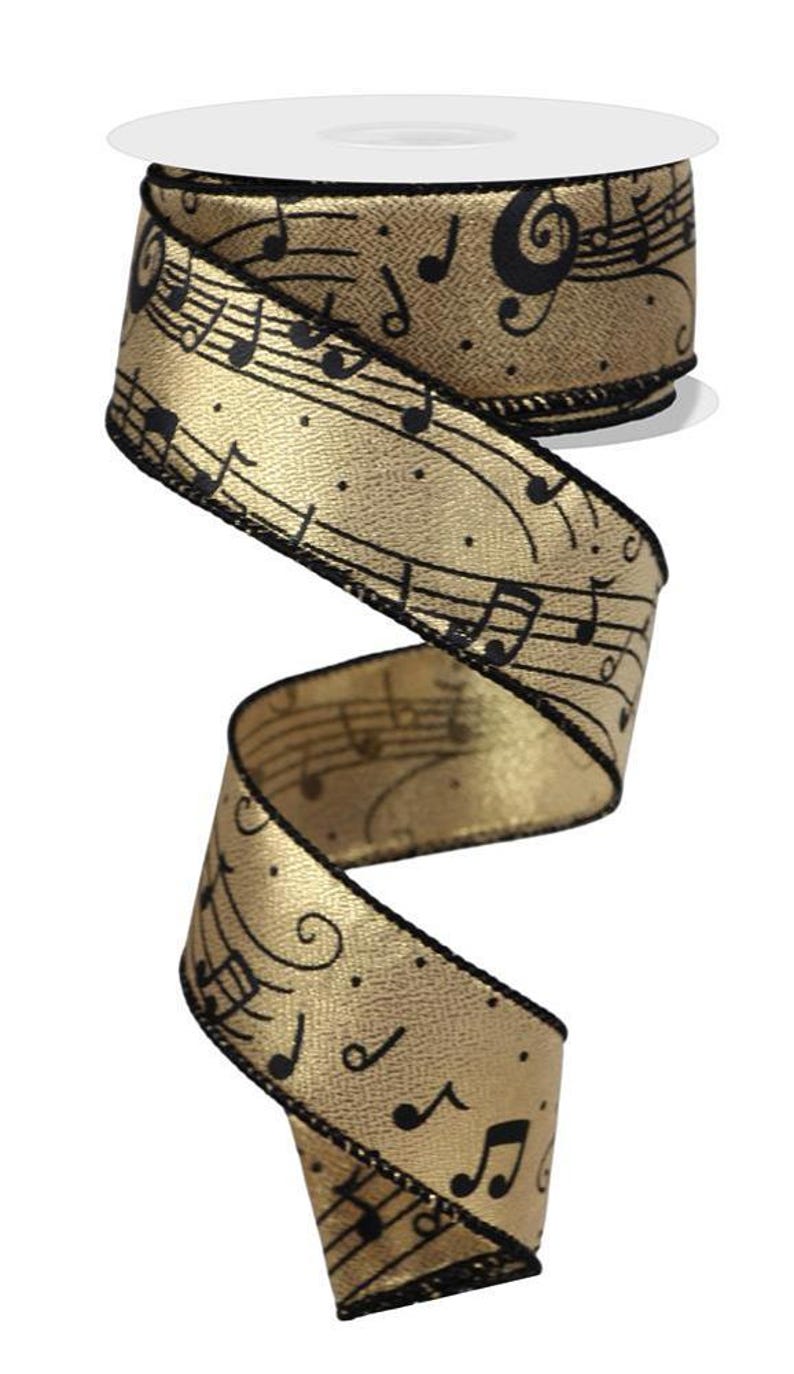 Music Notes on Gold Metallic Wired Ribbon by RG Ribbon – 1.5