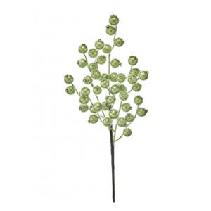 May include: A decorative floral spray featuring numerous small, round, light green berries covered in a fine, sparkling glitter texture. The berries are attached to thin, branching stems that converge into a single, dark, slender main stem.