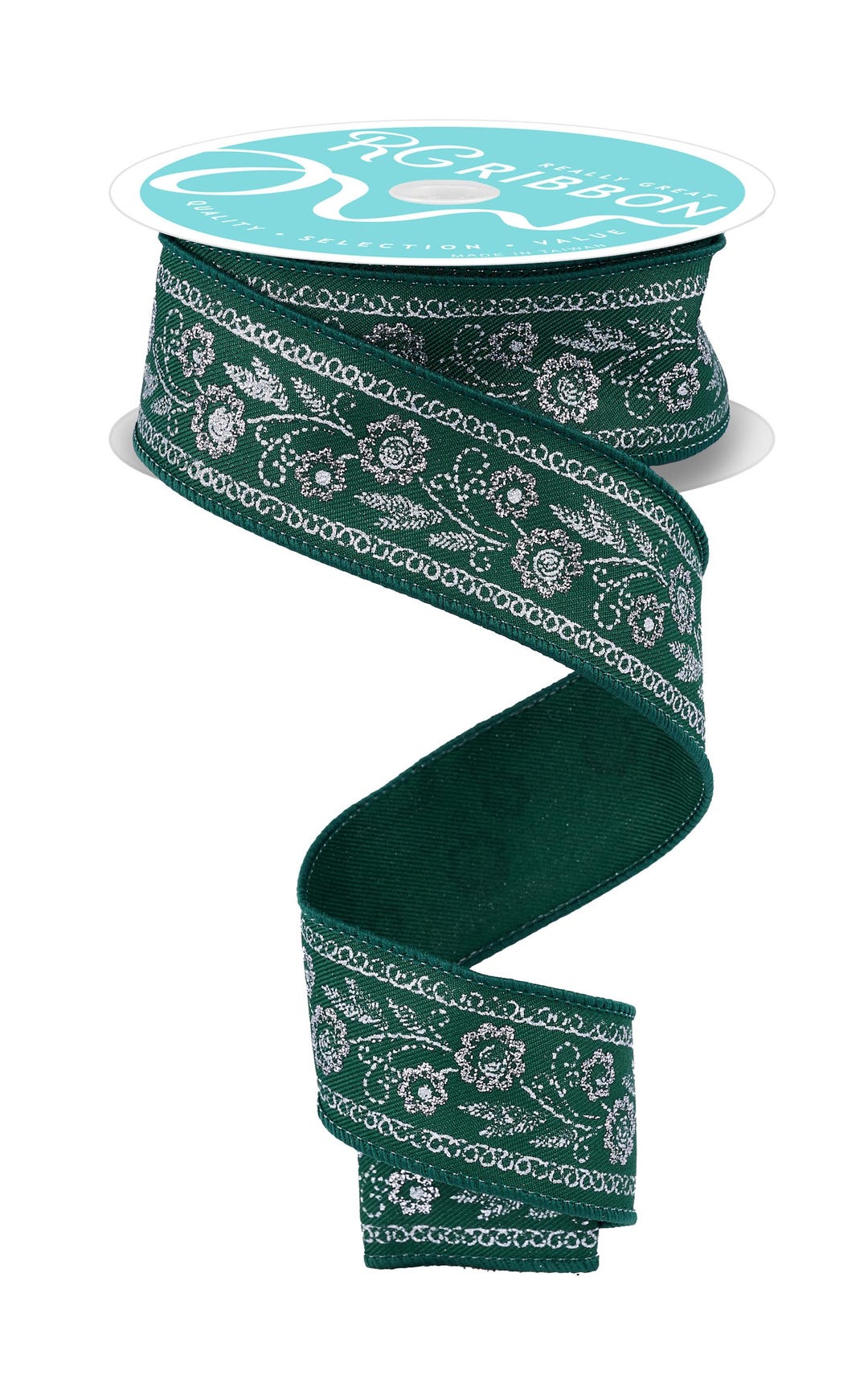 Forest Green Silver Floral Embroidered Look Wired Ribbon by RG Ribbon ...