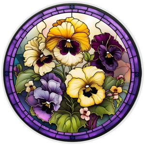 10” Pansies Stained Glass Look Sign, Metal Wreath Sign, Home Decor