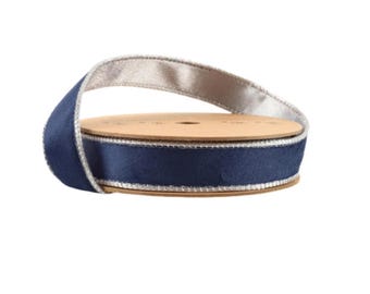 Reversible Navy Blue Silver Velvet Wired Ribbon  – 1" x 10 Yards,  Wreath Ribbon