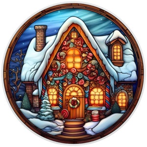 10” Christmas Candy House Stained Glass Look Wreath Sign, Metal Wreath Sign, Home Decor