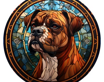 10” Boxer Dog Stained Glass Look Sign, Metal Wreath Sign, Home Decor