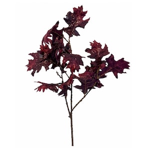 May include: A decorative artificial branch featuring multiple deep burgundy and dark red oak leaves with serrated edges. The stem is thin and brown, branching out to support the foliage, which displays a rich, dark color palette throughout.