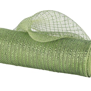 May include: A roll of green mesh ribbon, ideal for crafting and decorating. The ribbon is a vibrant shade of green with a metallic sheen, and is rolled up on a cardboard core. The mesh is open and airy, perfect for wreaths and other projects.