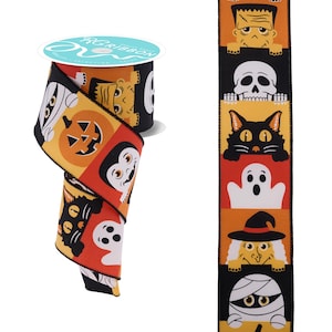 Halloween Peek A Boo Skeleton, Cat, Frankenstein Wired Ribbon by RG Ribbon – 2.5&quot; x 10 Yards, Wreath Ribbon, Craft Supplies, Fall Ribbon
