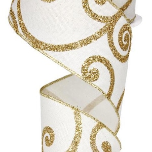 May include: A roll of white ribbon with a gold glitter swirl design. The ribbon is made of a sheer material and is ideal for gift wrapping, crafts, or holiday decorations.