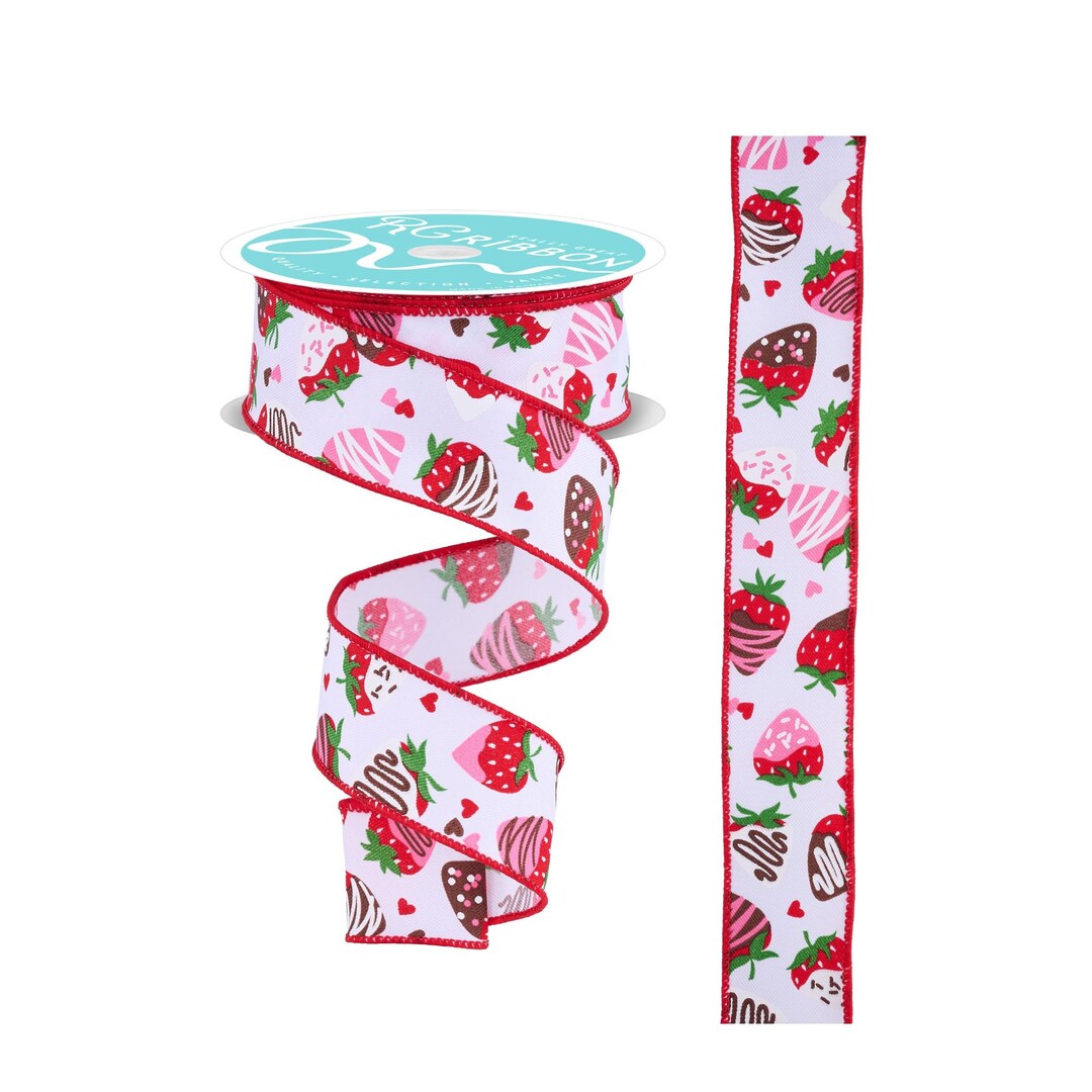 Sweets Ribbon Chocolate Covered Strawberry Print Wired Ribbon by RG Ribbon – 1.5