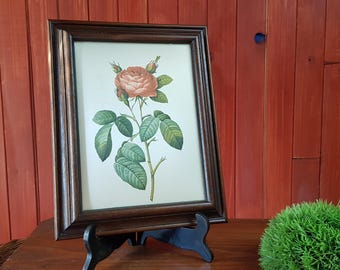 Tableau, peinture sur soie, fleur rose, cadre bois ancien 295 x 263 x 30 mm, ophanging