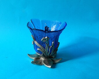 Photophore,bougeoir,etain,cristal,bleu cobalt,creation signé,Jean Goardére,l&#39;orfevre de l&#39;etain,meilleur ouvrier de France,1955 90x90mm