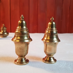 May include: Two antique brass salt and pepper shakers with a classic design. Each shaker has a bell-shaped body, a decorative base, and a pointed top. The shakers are displayed on a white surface with a red background.