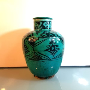 Grand,lourd,vase,potiche,ancien,céramique,argile,terre cuite,vernis,craquelé,artisanal,fait main,Moyen Orient,qajar,perse,300x220mm,1,7kg