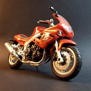 May include: A detailed model of an orange and silver sport motorcycle. The motorcycle features a windshield, headlights, and a silver exhaust pipe. The tires are black, and the motorcycle is set against a dark background.