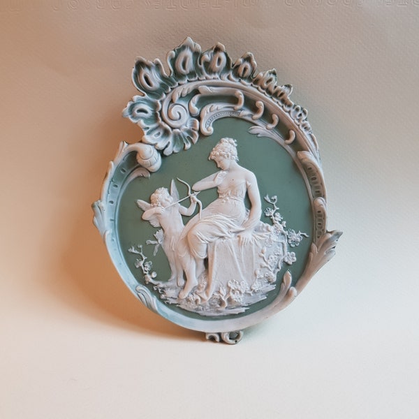 Wedgwood,suspension,Céramique,barbotine,biscuit,plaque,panneau,mural,Cupidon,Psyché,16x13Cm