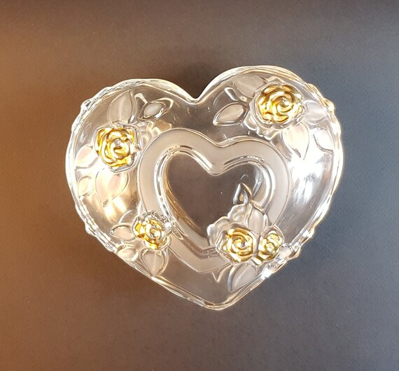 Baccarat Style Crystal Heart Box, Floral Relief, Gilded Jewelry