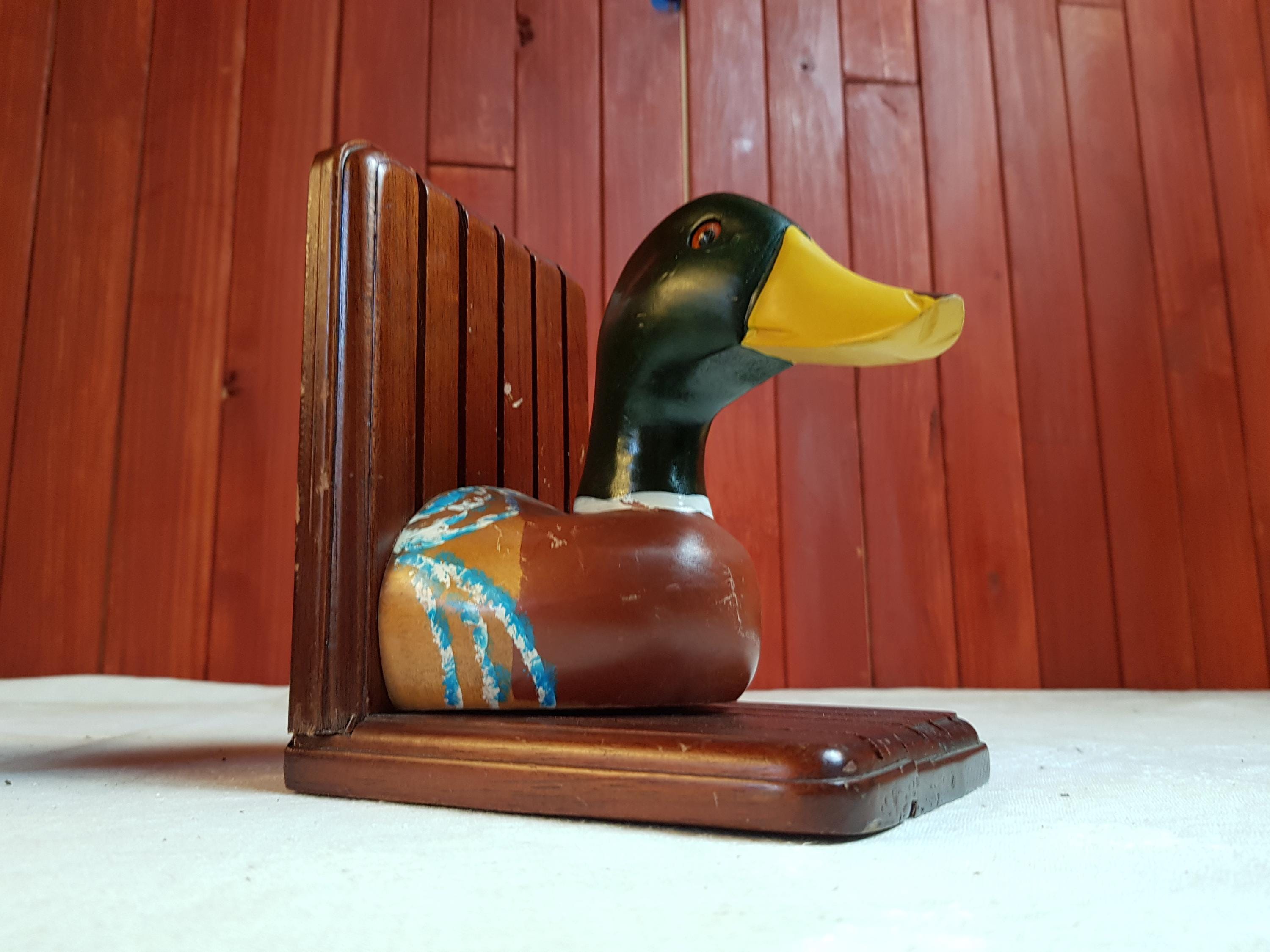 Paire De Serre-livres Décoratifs Canard En Bois Sculpté – Vert – Vintage