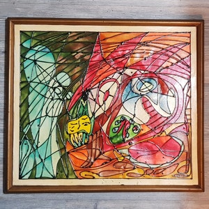 Grand,tableau,céramique,peinte,technique,vitrail,cadre,bois,suspension,La Vierge et l&#39;Ancétre,480x420x30mm,3Kg,signé