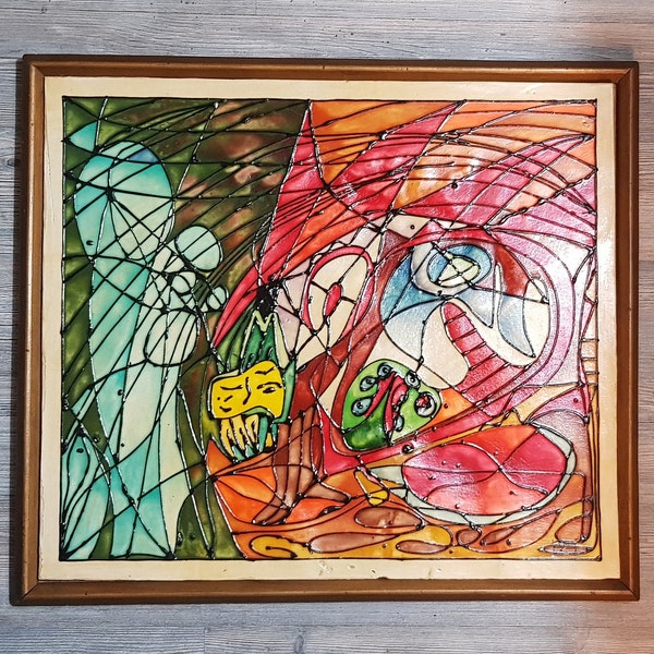 Grand,tableau,céramique,peinte,technique,vitrail,support,cadre,bois,interprétation de l'artiste,La Vierge et l'Ancétre,48x42x3Cm 3Kg,signé