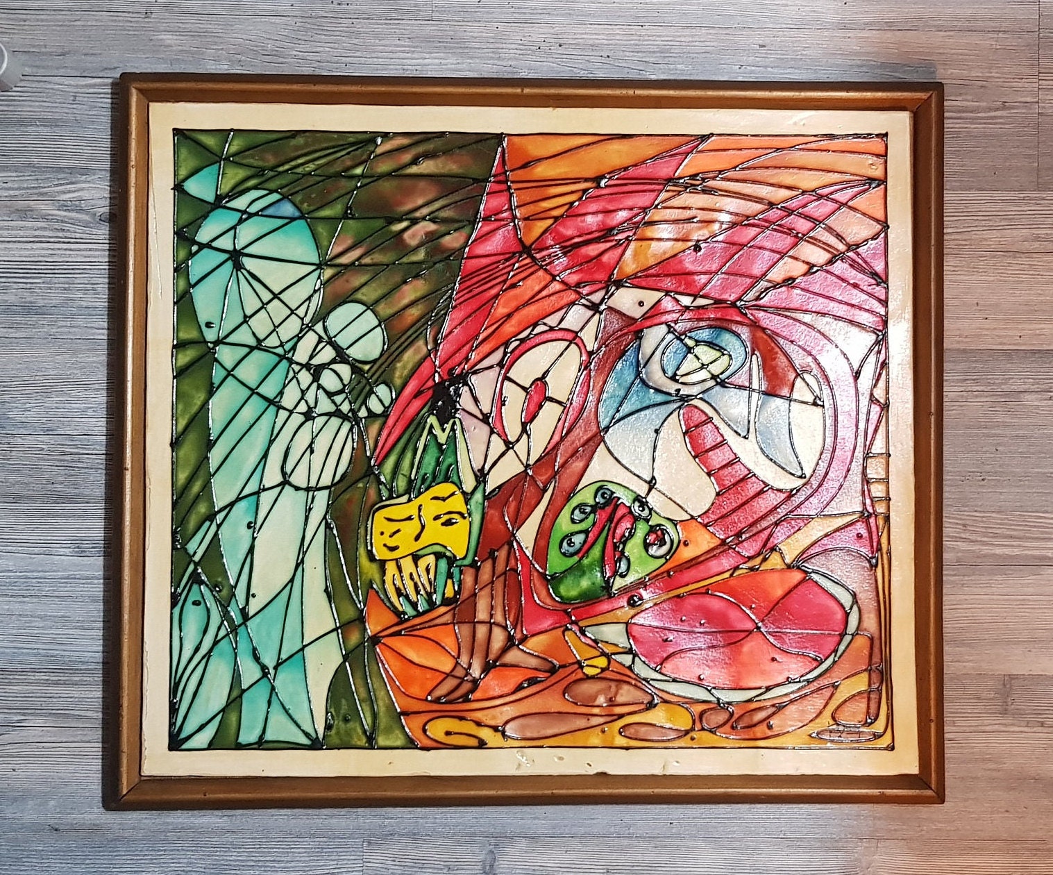 Trés Grande Céramique Peinte Technique Vitrail Support et Cadre Bois Interprétation de L'artiste La 