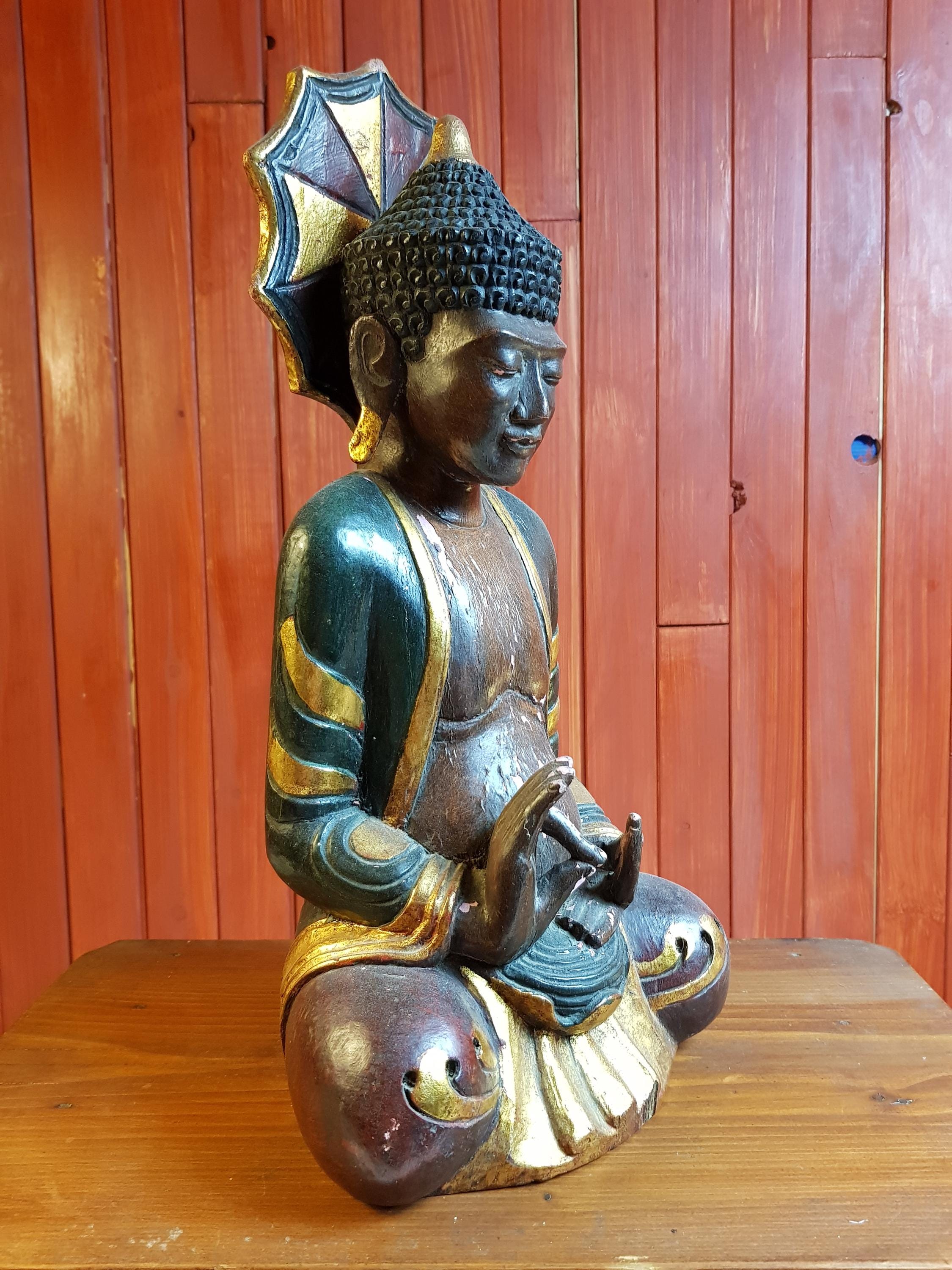 手作りの仏陀の座像木製彫刻、6つの香穴、ヴィンテージアジアン
