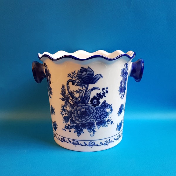 Seau,refroidisseur,Champagne,porcelaine,Victorienne,émaillé,anses,inspiration Sarreguemines,transfert,type,bleu de Delft,19x20Cm,poids,1,3Kg