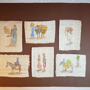 Lot,6,aquarelles,véritable papyrus,Egypte,Afrique,peint main,signé,J.Villette,naif,metier,1996,certificat d&#39;authenticité,170x240mm,approx,