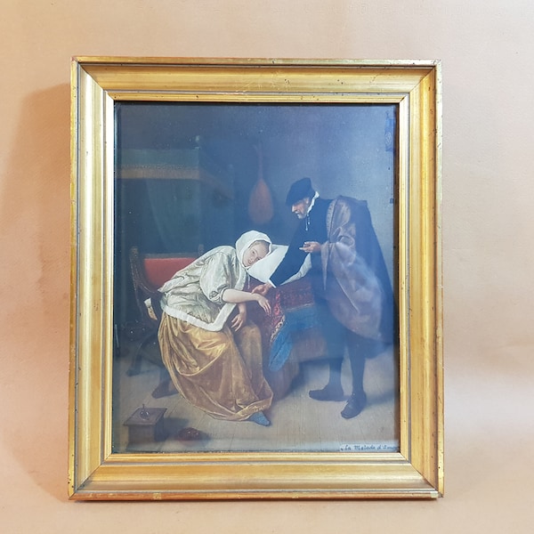 28,5x24,5Cm,tableau,La Malade d'amour,cadre,bois,doré,sous verre,aprés Jan Steen,Ecole Hollandaise,XVII,Musée de la Haye