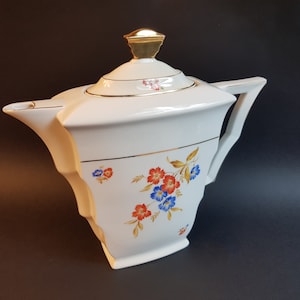 Grande,cafetiére,Czechoslovakia,MZ,porcelaine,anse,bec,verseur,couvercle,double,decor,motif,fleurs,liseret,or,art déco,235x270mm