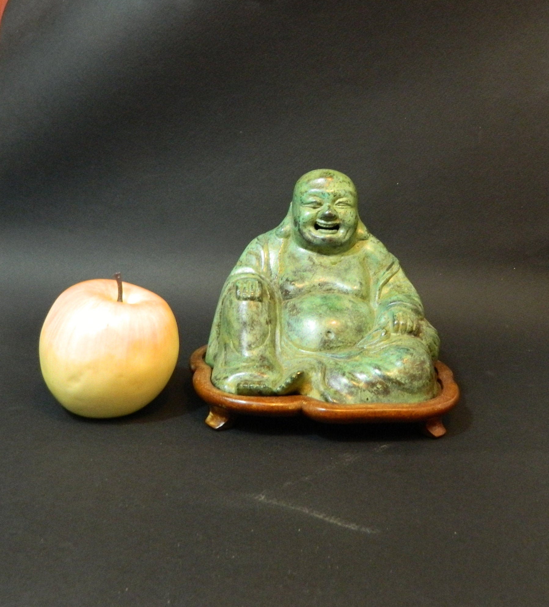 Sculpture Gros Bouddha en Bronze Creux Riant Aux Eclats sur Socle Bois 13, 5x6cm 720Gr 13x15cm 1, 1K