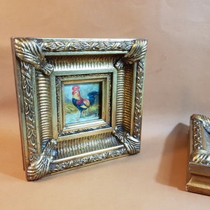 175x175x45mm,petit,tableau,cadre,doré,peinture,huile,sur bois,coq,à la,ferme
