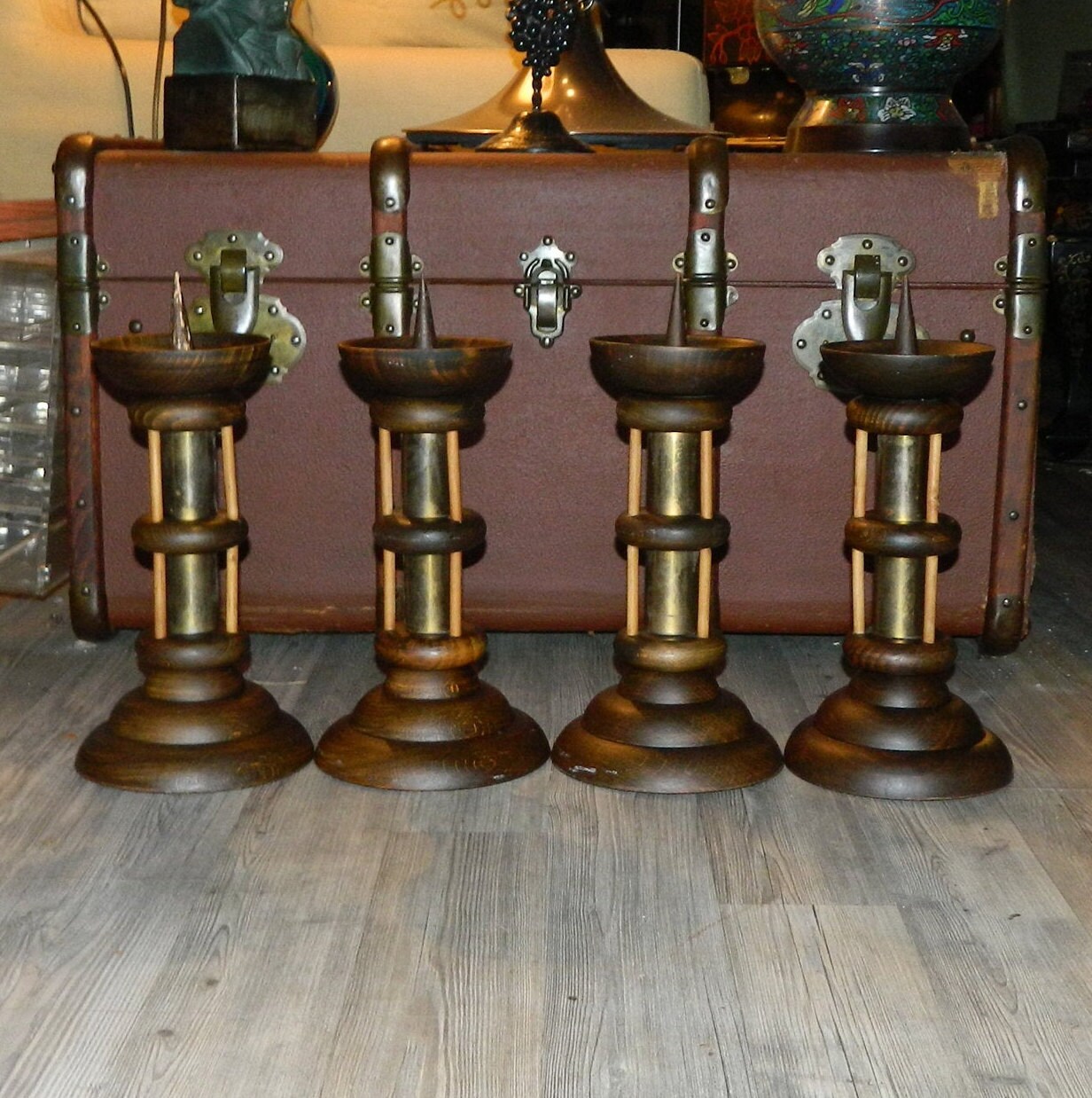 4 Trés Grands Bougeoirs Chandeliers d'autel | 34x15, 5cm de Culte en Bois et Cuivre Laiton Convient