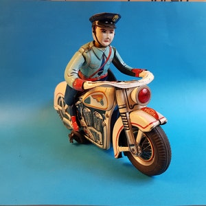 1/6,Moto,Police,jouet,mécanique,piles,tole,fer blanc,lithographié,serigraphie,articulé,TM,Trade Mark,Moder Toys,Japan,290x120x210mm