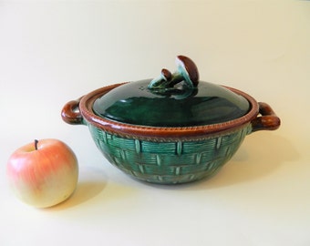 Pot cocotte  soupiere deux anses couvercle champignons ceramique vernissée faience Tellurite,Thulin,Belgique numérotée Hauteur 14Cm,Diam28Cm
