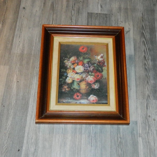 37,5x31,5cm Tableau imprimé huile monté sur toile et cadre bois "nature morte" aux couleurs éclatantes vintage deco avec crochet mural