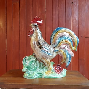 Sculpture,statue,grand,coq,ceramique creuse,bisquit,multicolore,Made in France,antique,340x330mm,vintage