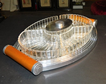Grand,plateau,apperitif,miroir,alu,bois,raviers,amovibles,cristal,6,piques,sabre,fleuret,métal,Art déco/nouveau Année 30/50