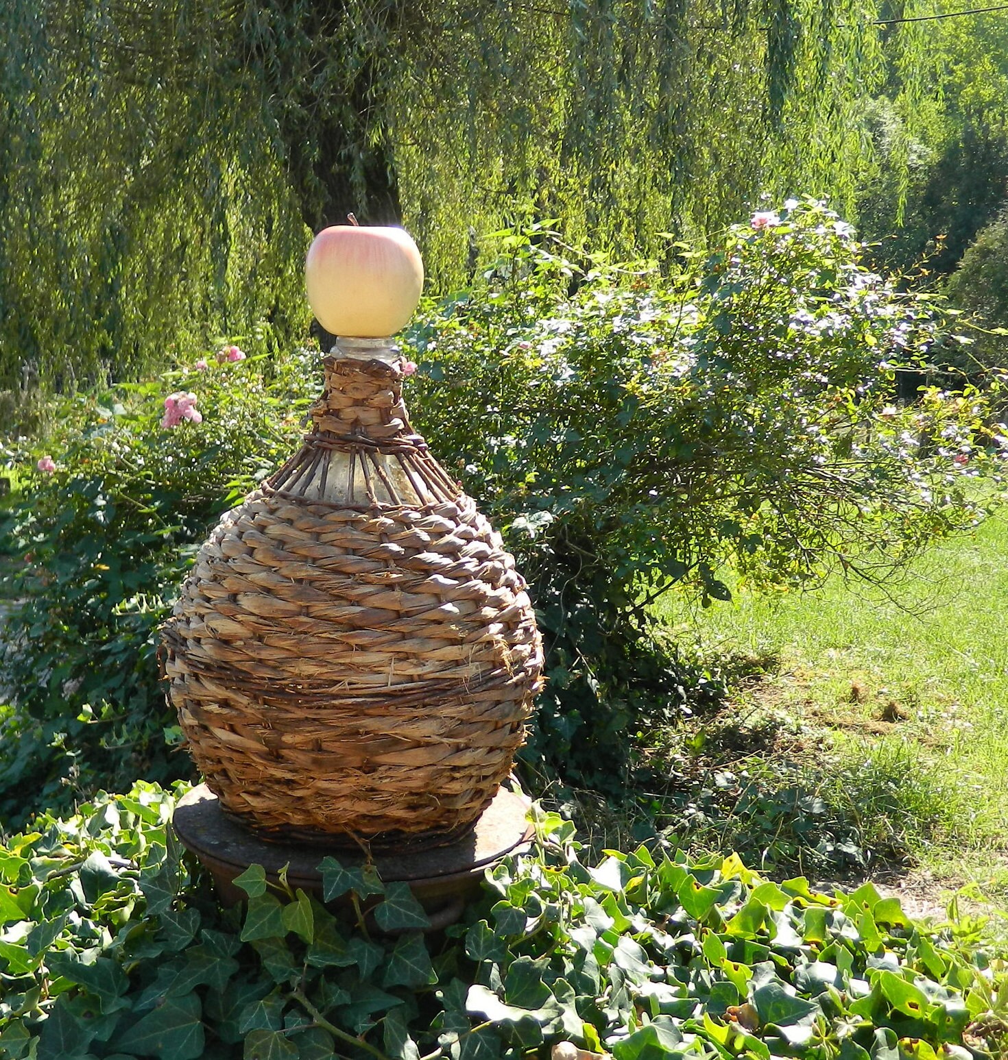 3 Litres Bouteille Dame Jeanne en Verre Transparent et Osier Traditionnel Tréssé à La Main Vintage R