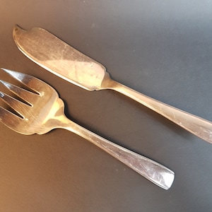 Ercuis,couverts de service,couteau et fourchette,poisson,métal argenté,modéle,Louviers,poinçons,27.6Cm et 22Cm