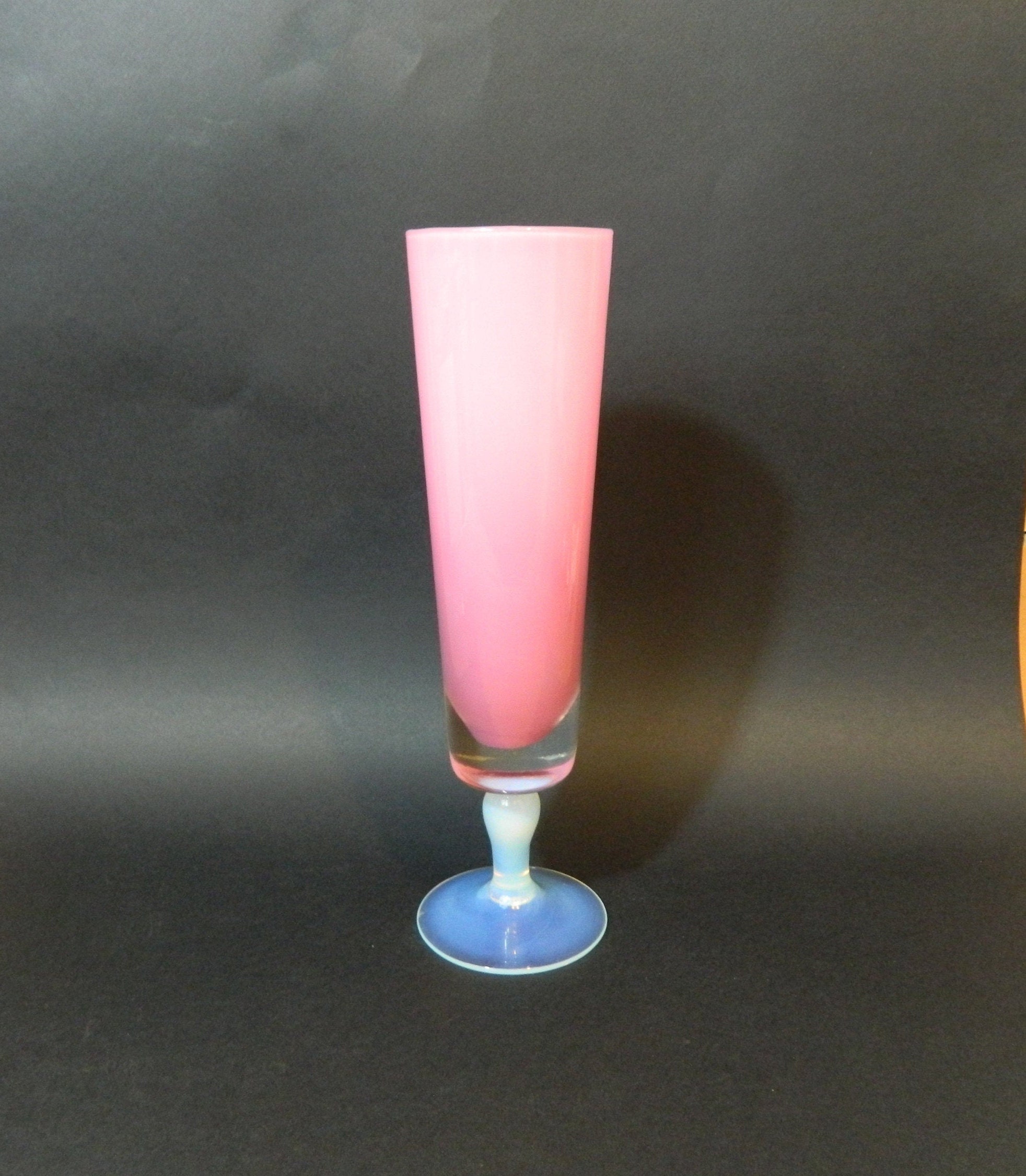 Grand Soliflore Vase Cristal de Murano Opaline Rose et Transparent Pied Couleur Bleuté Anis Lourd So