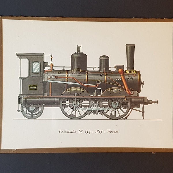 Impression d'art couleur Train Français Locomotive numéro 154 France 1855 sous verre contour encadré papier doré 24x18Cm anneau suspension