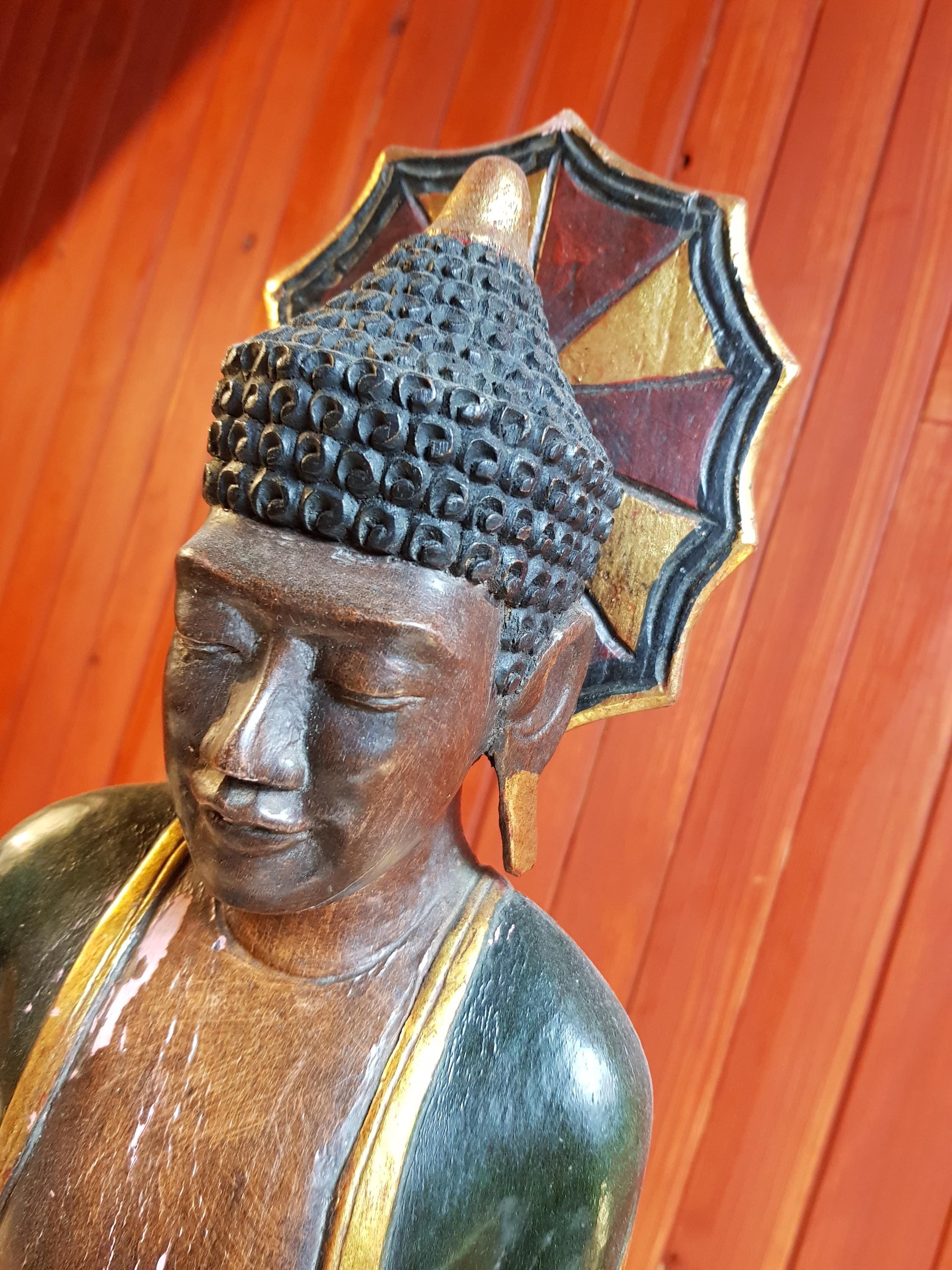 手作りの仏陀の座像木製彫刻、6つの香穴、ヴィンテージアジアン