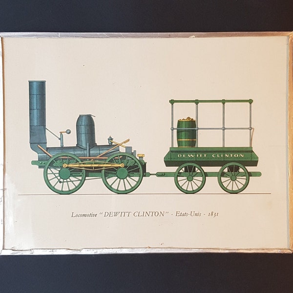 Impression d'art couleur Train U.S. Locomotive Dewitt Clinton 1831 sous verre contour encadré papier doré 24x18Cm anneau suspension