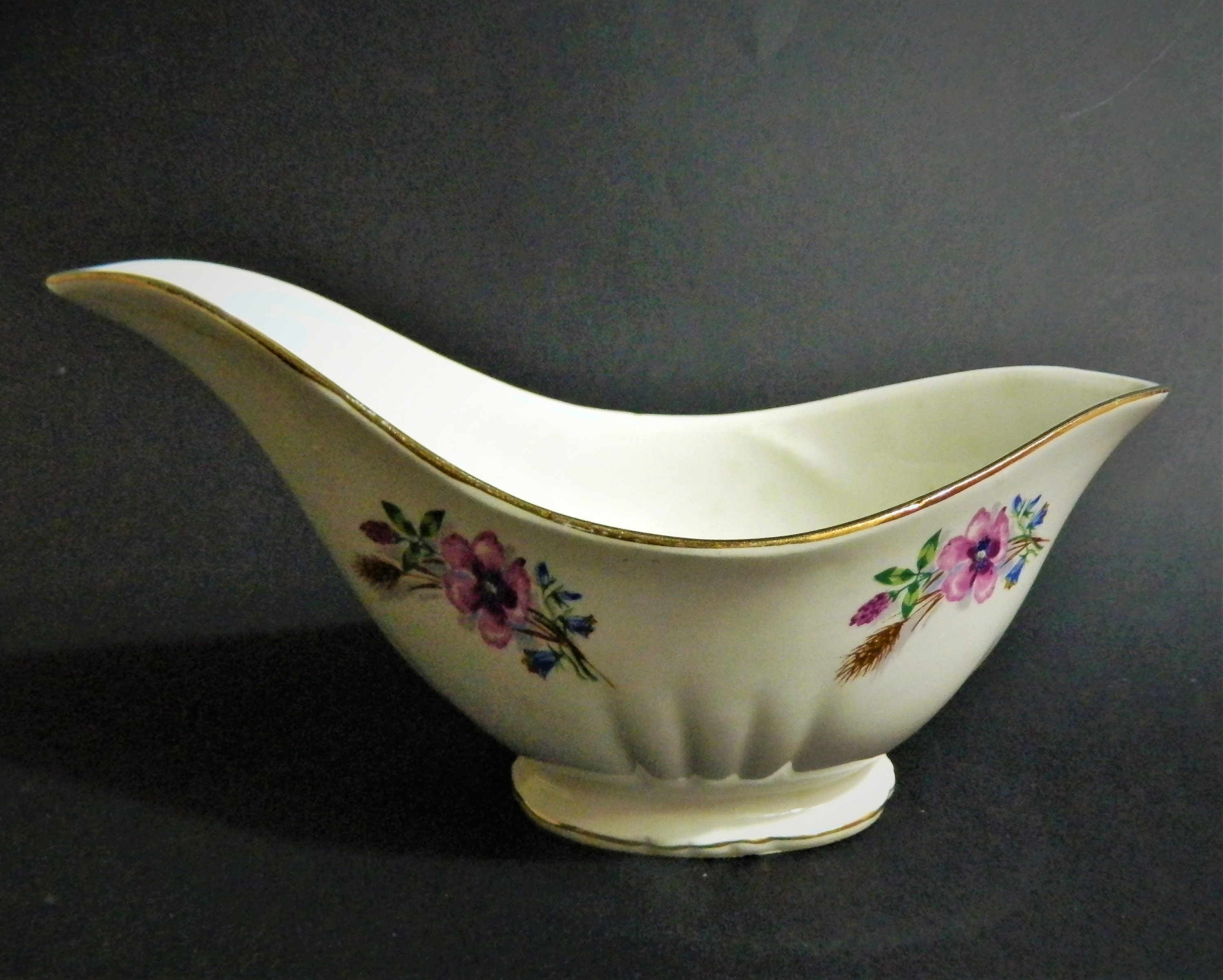 Saucière Bol en Porcelaine Collection Orchies Moulin Des Loups Forme Bateau et Décor Floral Liseret 