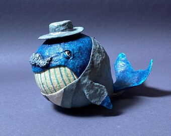 Jouet en coton pour arbre de Noël, papier mâché, poisson baleine, ornement baleine, fabriqué en Ukraine, poupée d'art en bois, figurine vintage, cadeau de vacances, mignon,