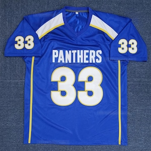 May include: Blue mesh jersey with white and gold accents. The jersey features the word "PANTHERS" and the number "33" in white with a gold outline. The sleeves also have the number "33".