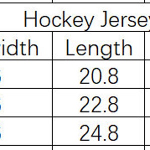 May include: Hockey jersey size chart showing chest width and length measurements in inches for sizes 3T, 4T, and 5T.